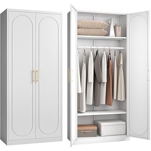 Metal Wardrobe Cabinet for Hanging Clothes, 71" Tall Armoire Wardrobe Closet with Hanging Rod, White Clothing Storage Cabinet with Doors and Shelves, Large Closet for Bedroom-Assemble Required