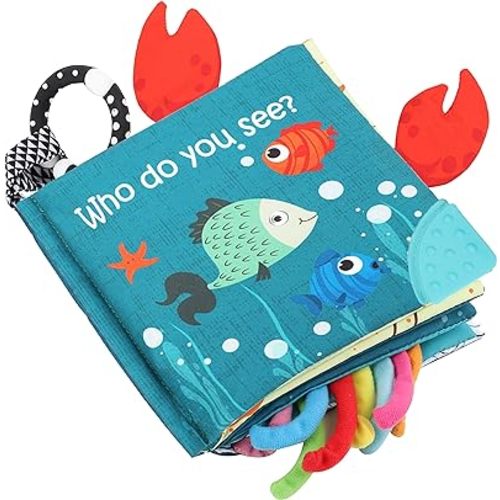 Fish Baby Books Toys, Touch Feel Cloth Crinkle Books for Babies,Baby Infant Toys 0-6, 6-12, 12-18 Months,Early Learning Education Toys,Shower Baby Gifts for Boys Girls,Teething,Mirror,Shark Ocean Book