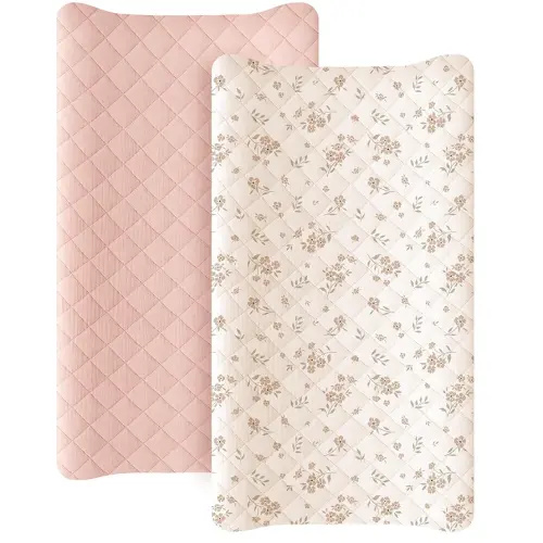 Konssy Waterproof Muslin Changing Pad Cover 2 Pack, Quilted Cotton Fitted Diaper Chang Table Cover, Soft Changing Pad Sheets for Girls Boys (Blossom,Pink)