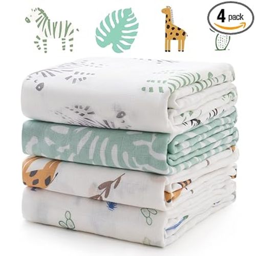 Momcozy Muslin Swaddle Blankets, 4-Pack Breathable and Skin-Friendly Receiving Blankets for Boys, Best Wishes Swaddle Blanket Shower Gifts & Baby Registry Essentials, Large 47"x47", Bravery