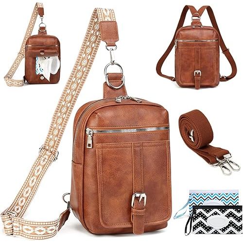 Sling Bag Crossbody Backpack Purse - 2 in 1 Leather Cross Body Bag Fanny Pack with 2 Removable Strap Large Chest Shoulder Bag