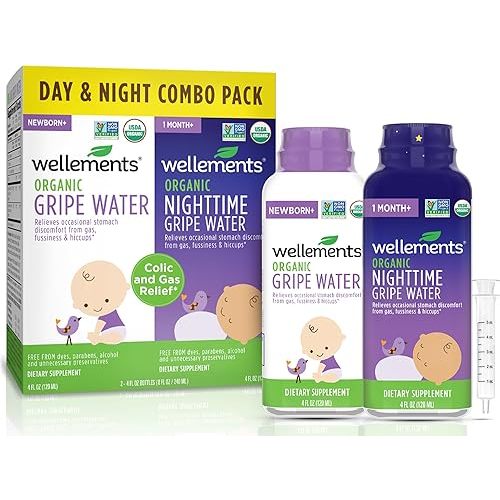 Wellements Organic Gripe Water for Babies Day & Night Combo Pack (4 Fl Oz) - Infant Gripe Water Newborn Calms Occasional Stomach Discomfort from Baby Gas, Colic, Hiccups & Fussiness - USDA Certified