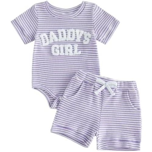 allshope Newborn Baby Girl Summer Outfit Set Romper Daddy Girl Embroidery Jumpsuit Tops Shorts Infant Waffle Clothes