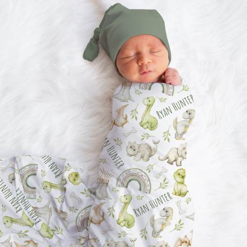 Custom Dinosaur Swaddle, Personalized Green Rainbow Name Blanket, Dinosaur Nursery, New Mom Gift, Newborn Gift, Baby Shower Gift