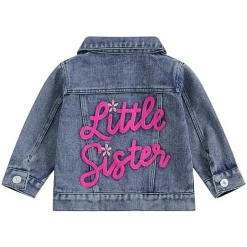 VISGOGO Toddler Baby Girl Jacket Big Lil Sister/Brother Letter Embroidery Jean Long Sleeve Cardigan Button Denim Coat
