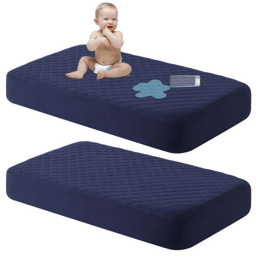 Ntbay 2 Pack Quilted Toddler Waterproof Fitted Sheets, Ultra Soft Breathable Crib Mattress Protectors with Deep Pocket, 28" x 52", Navy Blue