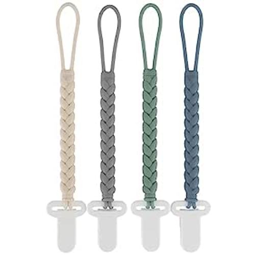 4-Pack Silicone Pacifier Clips with a Woven Rope Shape for Baby Boys and Girls - Flexible and Rust-Free Holders for Teething Relief and Baby Essentials, Safe for Newborns (Grey)