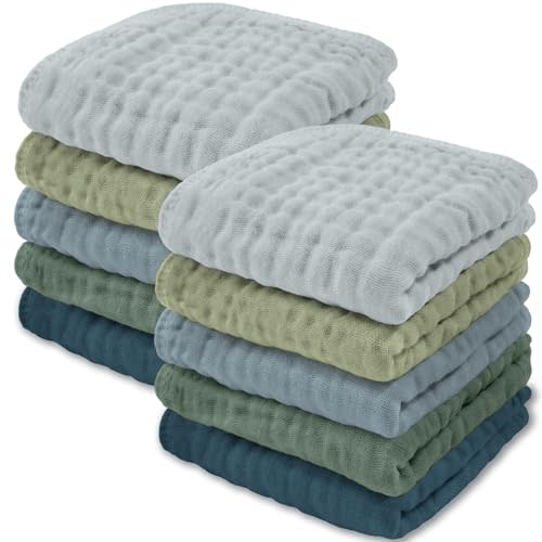 Comfy Cubs Muslin Baby Washcloths 10 Pack - Soft 6-Layer Cotton Wash Cloths for Sensitive Skin - 10"x10" Large, Gentle, Absorbent Infant Essentials for Newborn and Toddlers - (Multi Boy)