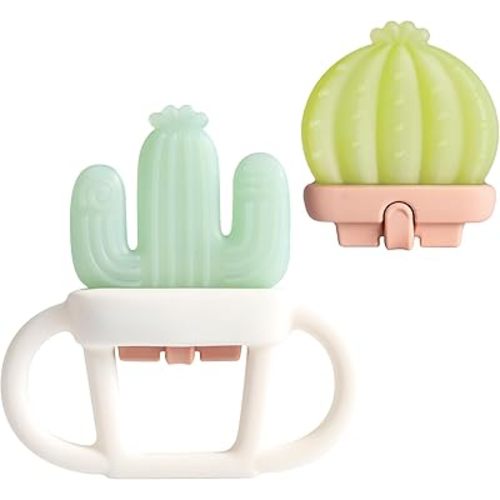 2 Pcs Baby Teether Toy - Water Fillable Teething Relief for Infants 0-12 Months, Silicone Baby Teething Toys Chill Teether, Cools & Massages Sore Gums (Green Cactus)