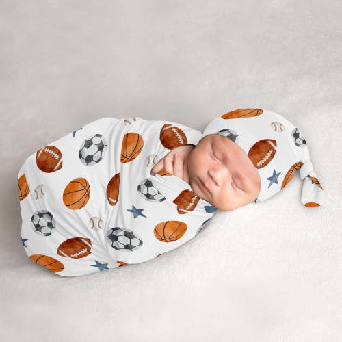 Sweet Jojo Designs Watercolor Sports Theme Boy Baby Cocoon and Beanie Hat Sleep Sack Set 2 Piece