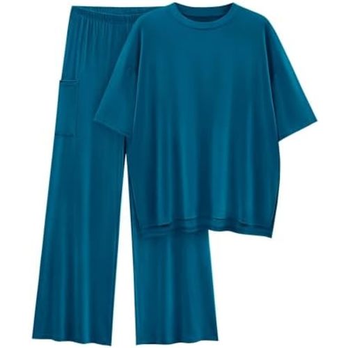 KIRUNDO Womens 2 Piece Outfits 2025 Summer Casual Loose Short Sleeve Pullover Tops & Wide Leg Pants Lounge Sets Tracksuit