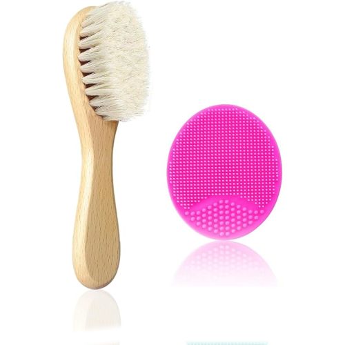 Baby Hair Brush, Goat Bristles Brush and Rose Red Baby Silicone Brush Set for Cradle Cap Wood Bristle Brush for Newborns and Toddlers (2 Piece)