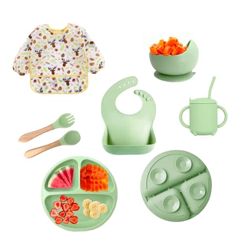 2025 Silicone Baby Feeding Set - All in One: Spoon, Fork, Suction Bowl, Divided Suction Plate, Sippy Cup, Silicone Bib and Travel Bib -6 + Month, Toddler & Baby silicone feeding set - BPA free, Green