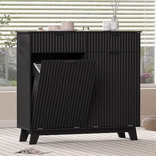 Double Tilt Out Laundry Hamper Cabinet with 2 Drawers & Baskets, 20 Gallon Fluted Hidden Trash Can Cabinet, Farmhouse Wood Laundry Storage Cabinets for Bathroom, Kitchen, Black
