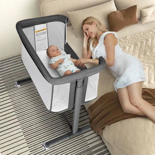 Kinder King Baby Folding Bassinet W/wheels,portable Newborn Bedside Sleeper All-sided Mesh Infant Crib Removable Soft Mattress Grey