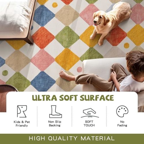 jinchan Area Rug 5x7 Kids Washable Indoor Floor Cover Non Slip Modern Soft Rug Living Room Diamond Carpet Holiday Decor for Nursery Dining Room Bedroom Circus on Cream