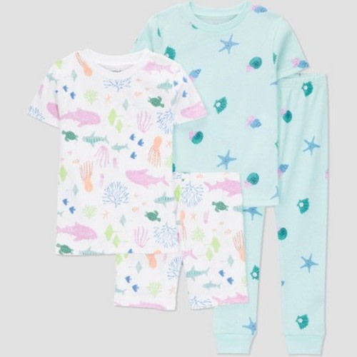 Carter's Just One You®️ Toddler Girls' 4pc Cotton Seashells Snug Fit Pajama Set - Blue 18M: Starfish & Fish Patterns, Crew Neck