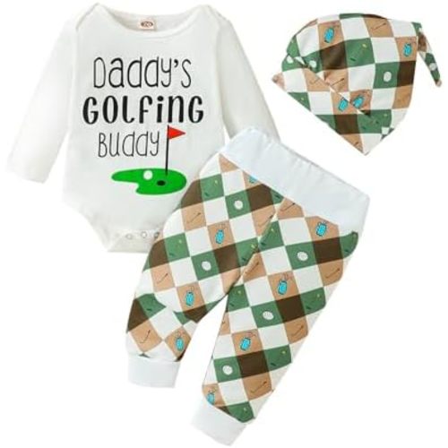 3Pcs Baby Boy Girl Golf Outfit Set Long Sleeve Daddy Golfing Bunny Romper Jogger Pants Hat Newborn Coming Home Outfit