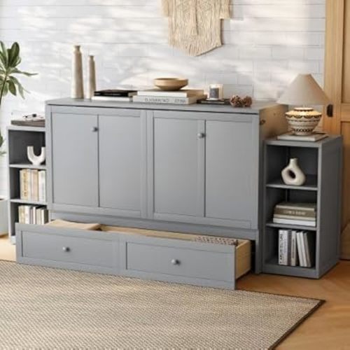 Bellemave Queen Size Murphy Bed, Cabinet Bed with 2 Shelves and Storage Drawers, Farmhouse Murphy Cabinet, Noisy Free, for Guest Bedroom, Living Room, Office, Light Gray