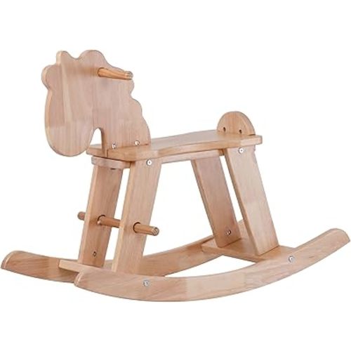 Natural Wooden Rocking Horse for Preschool Age - Solid Rubber Wood, Safe & Comfortable Footrest, Smooth Surface for Decoration, Supports Physical & Cognitive Growth