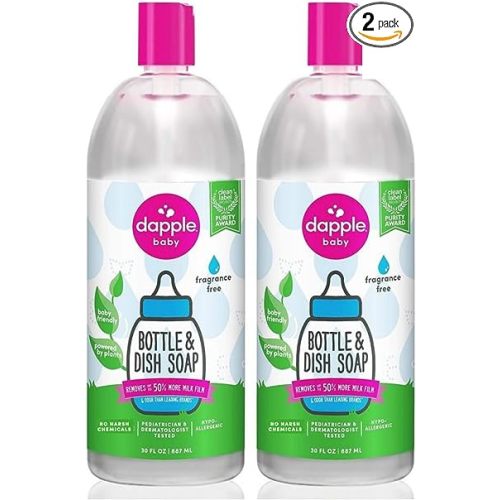 Dapple Baby Bottle Soap & Dish Soap Refill Baby, Fragrance Free, Plant Based Dish Liquid for Dishes & Baby Bottles - Hypoallergenic Soap, Liquid Soap Refill, 30 Fl Oz (Pack of 2)