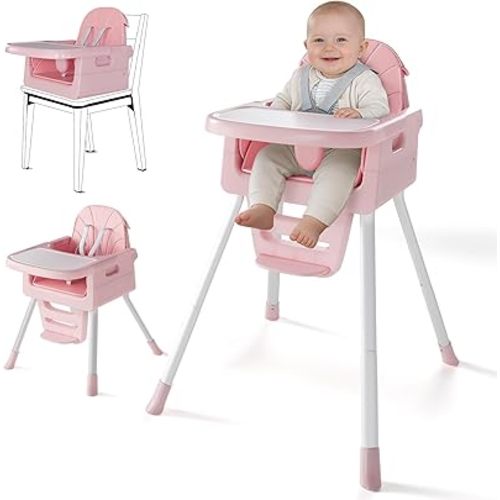 Highchairs for Babies and Toddlers, Foldable Highchair with Tray and 5-Point Harness, Lightweight Compact Design for Travel Home Restaurant Use (White with Pink Cushion)