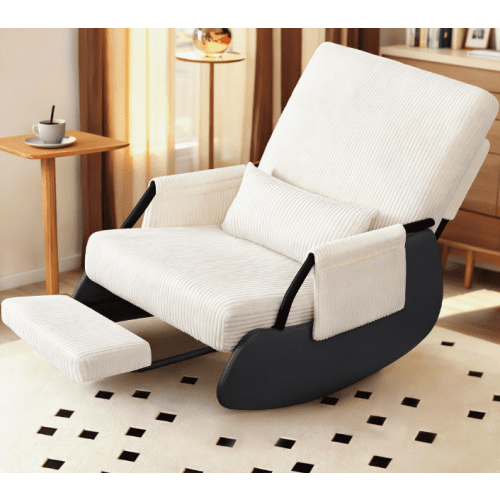 Primy Nursery Rocking Chair, Low-Seat Glider Chair, Upholstered Rocking Accent Chair Recliner with Side Pocket and Foot Rest for Mom Nursery Living Room Bedroom