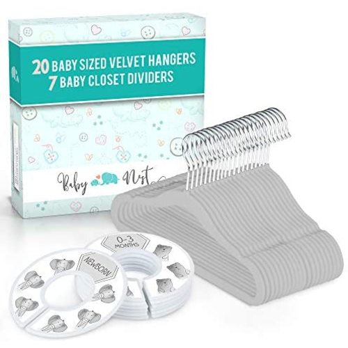 Baby Nest Designs 20x Baby Hangers for Closet with 7X Baby Closet Dividers for Nursery Velvet Baby Clothes Hangers Unisex Newborn Essentials Baby Size Organizer for Infant Clothing to 24 Months