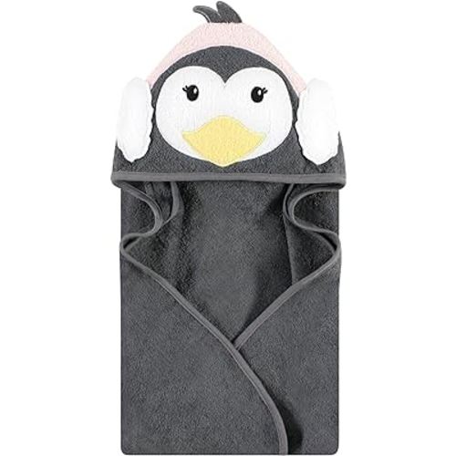 Hudson Baby Unisex Baby Cotton Animal Face Hooded Towel, Earmuff Penguin, One Size