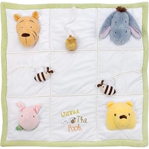 Disney Classic Winnie The Pooh Green and White, Hunny Pot and Bee's, Piglet, Tigger and Eeyore Tummy Time Play Mat - Squeaker, Crinkles and Chimes
