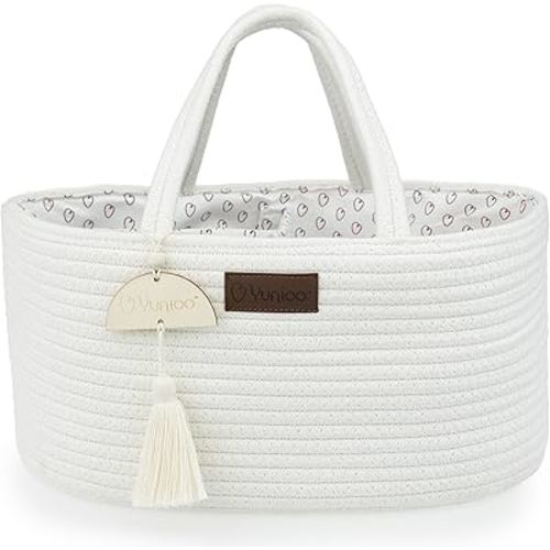 Diaper Caddy Organizer, Boho Diaper Bag Tote for Changing Table Necessities and Baby Essentials Must Haves for Newborn, Car Caddy Organizer, Portable Storage Basket for Boy or Girl, White