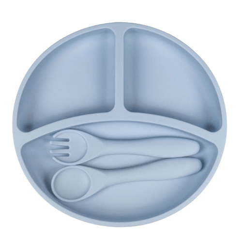 JingChun Silicone Baby Feeding Set, Divided Suction Plates with fork and Spoon, Baby Utensils Set for Weaning Infant Feeding and Eating