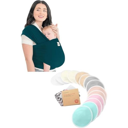KeaBabies Baby Wrap Carrier and Reusable Nursing Pads - All in 1 Original Breathable Baby Sling, Hands Free Baby Carrier Sling - 14 Washable Breastfeeding Pads + Wash Bag, Breastfeeding Essentials