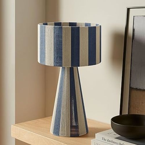 Modway Renae Vintage Modern Cotton Thread Table Lamp in Capri Blue - Unique Retro Boho Accent Lamp with Metal Base and Evenly Spaced Striped Design