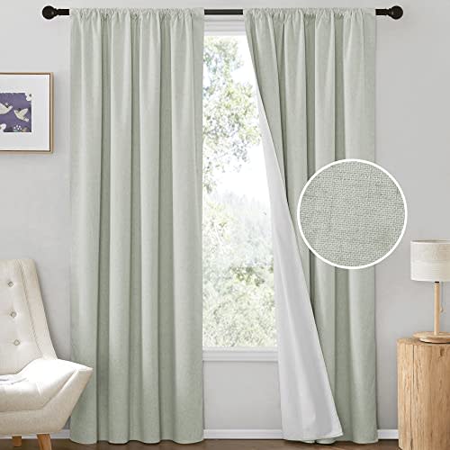 RYB HOME 100% Blackout Curtains Natural Linen Blended, Burlap Look Room Darkening Window Treatment with White Liner Thermal Privacy Backdrops for Living Room Bedroom, Sage, W52 x L95 inch, 2 Panels