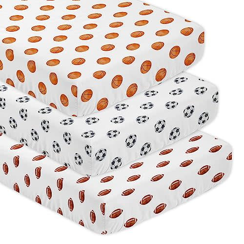 Sweet Jojo Designs Sports Theme Boy Baby Fitted Crib Sheet Set Infant Newborn Nursery Toddler Bed Room Standard Mattress 3p Football Basketball Soccer Watercolor Vintage Sport Themed Balls