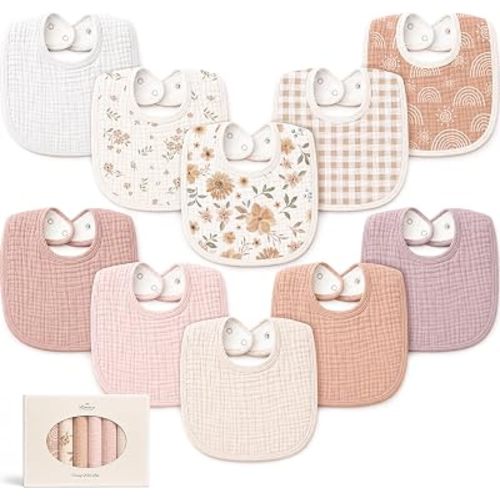 Konssy 10-Pack Muslin Baby Bibs for Drooling and Teething
