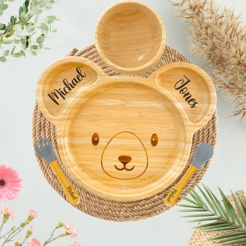 Personalised Bamboo Weaning Set, Custom Baby Plate for Toddler Baby Kids, Baby Feeding Set With Name, Baby Shower Gift, First Christmas Gift