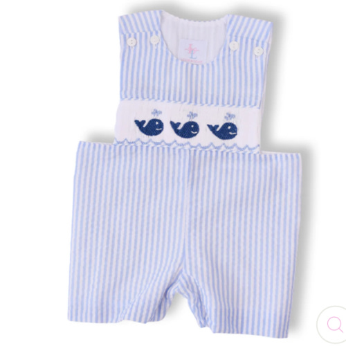 Navy Whale Smocked Boys Blue Seersucker Shortall