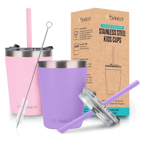 Sippy Cups For Toddlers 1-3 - Toddler Cups w/Screw Lids - Stainless Steel Kids Cups With Straws and Lids - 2 Pack (Pink & Purple, 8.5oz)