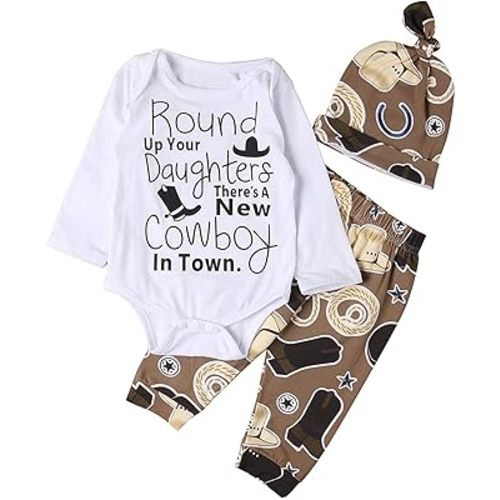 Newborn Baby Boys Funny Bodysuits with Leggings Caps 3pcs Outfit Clothes