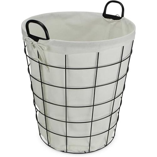 16" Diameter Laundry Basket Metal Wire with Fabric Liner Round Storage Organizer Decorative Bin Laundry Hamper Modern Home Organizer for Bedroom Bathroom Living Room Closet