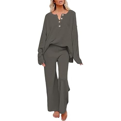 Pink Queen Women's 2 Piece Outfit Set Long Sleeve Button Pullover Sweater Top and Wide Leg Pants Knit Sweatsuit