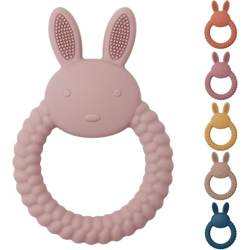 Easter Baby Teething Toys Bunny Baby Teether Toys Baby Easter Basket Stuffers Easter Gift Easy to Clean Teething Ring (Baby Pink)