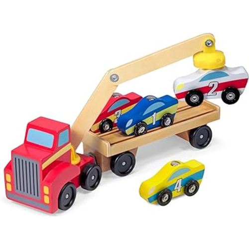 Melissa & Doug Magnetic Car Loader Wooden Toy Set With 4 Cars and 1 Semi-Trailer Truck