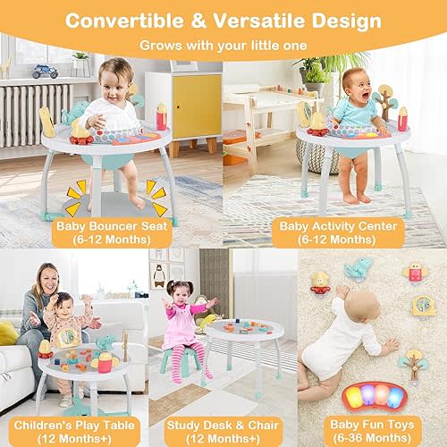 HONEY JOY Baby Activity Center, 5 in 1 Infant Jumper & Standing Play Table w/ 360° Rotary Seat, 6 Toys, 3 Adjustable Heights, Lights, Music & Sounds, Activity Center for Babies 6-36 Months (White)