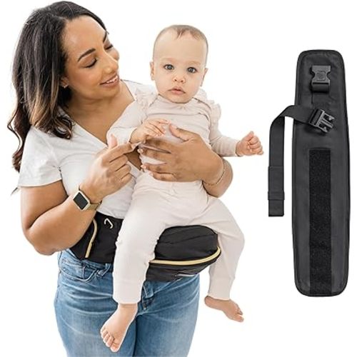Tushbaby New - Black/Gold Carrier + Extender. Adjustable up to 71" - USA Safety Certified Hip Seat Baby Carrier - Machine Washable, Ergonomic Newborn + Toddler + Child