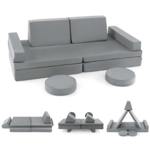 Costway 10 PCS Kids Play Sofa Set Modular Convertible Foam Folding Couch Toddler Playset Blue/Grey/Green, Color: Grey