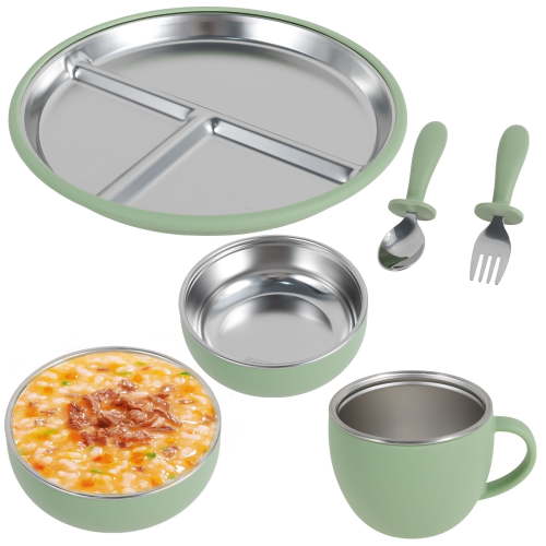 6Pcs Stainless Steel Baby Suction Plate Firm Adhesion Toddler Utensils with 4 Silicone Suction Cup Anti Drop for Children Infant