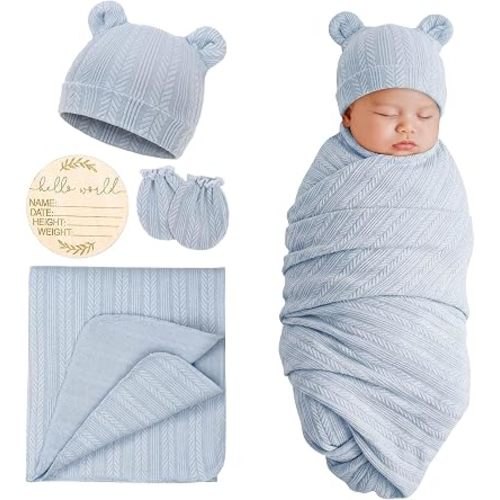 DRESHOW BQUBO Newborn Receiving Blankets for Baby Girl Boy Swaddle with Bear Hat No Scratch Mittens Announcement Card Set for 0-3 Months